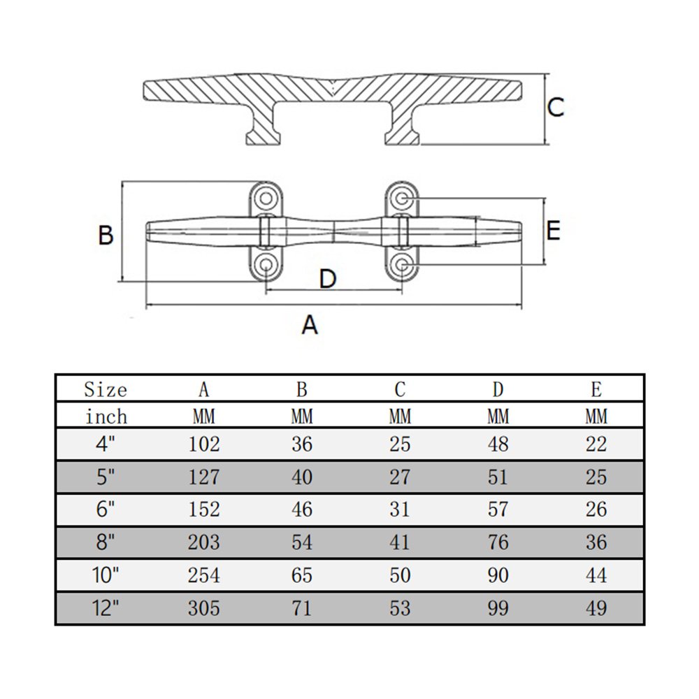 boat cleat drawing and size